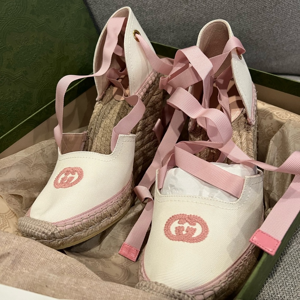 NEW Gucci GG Judie Lace Up Ballerina Espadrille Wedges - Picture 15 of 16